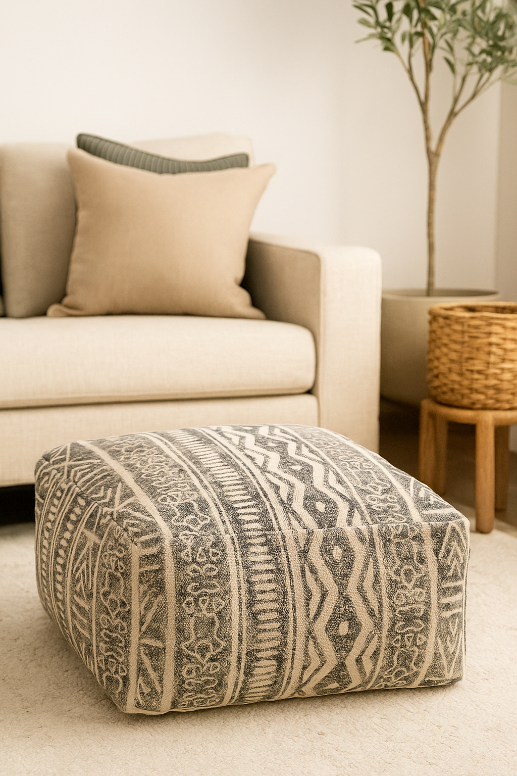 Black and Natural Kilim Ottoman Cushion Cover – Modern Monochrome Home Accent