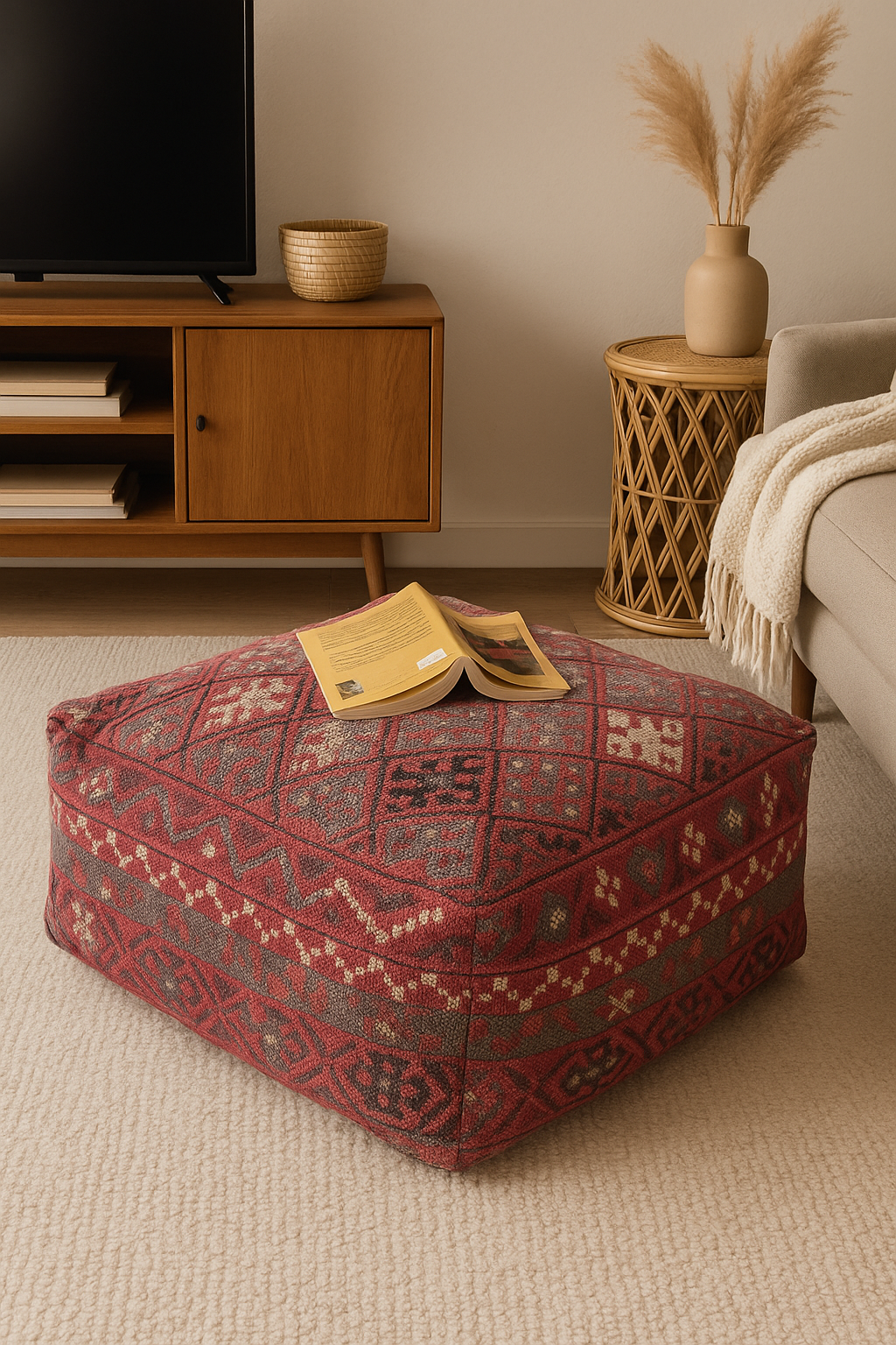 Red Moroccan-style ottoman cover in large