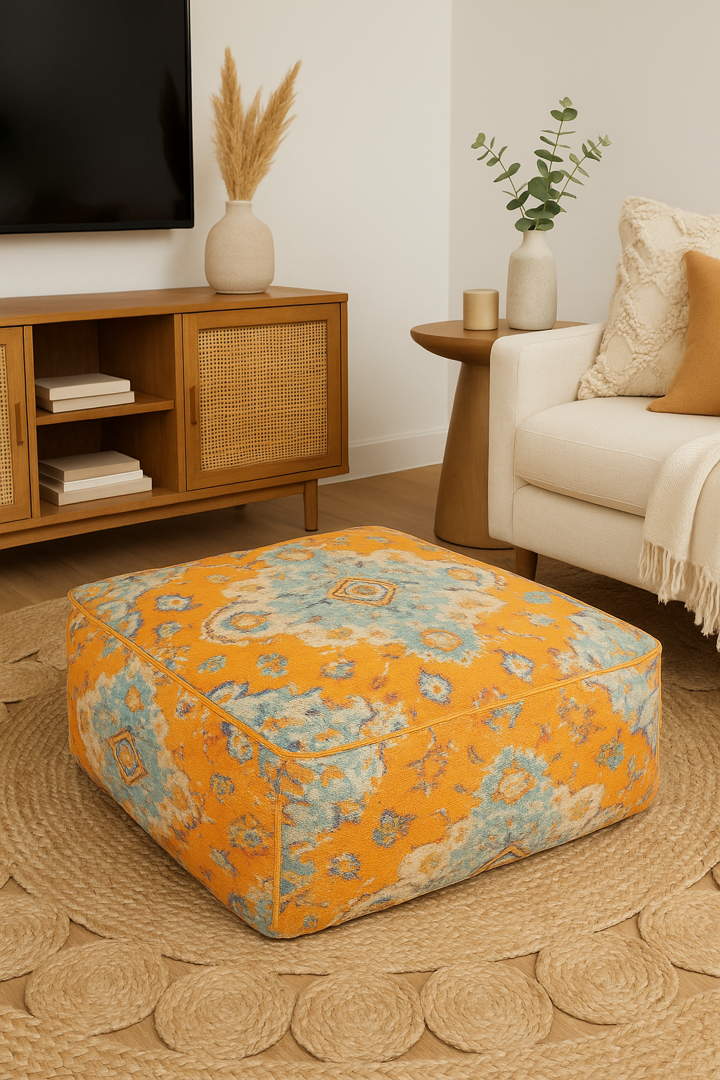 Orange Moroccan ottoman cushion cover for pouf and footstool decor