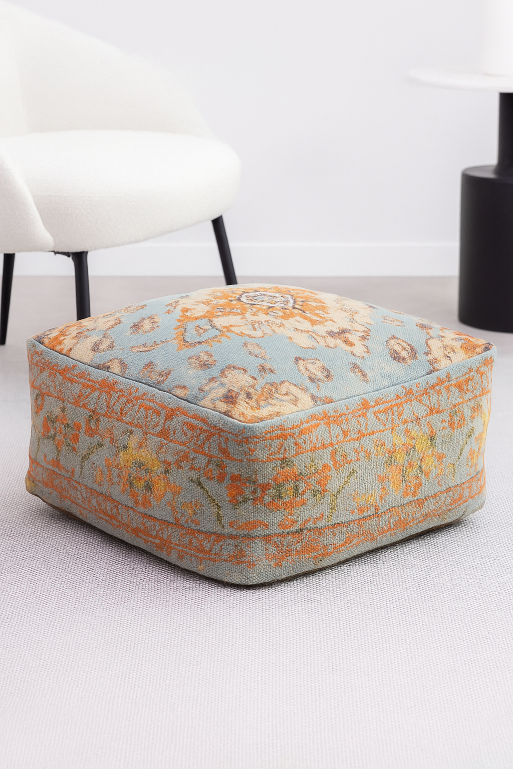 Boho Style Cyan Blue Cotton Kilim Ottoman Cover – Moroccan Home Decor Accent