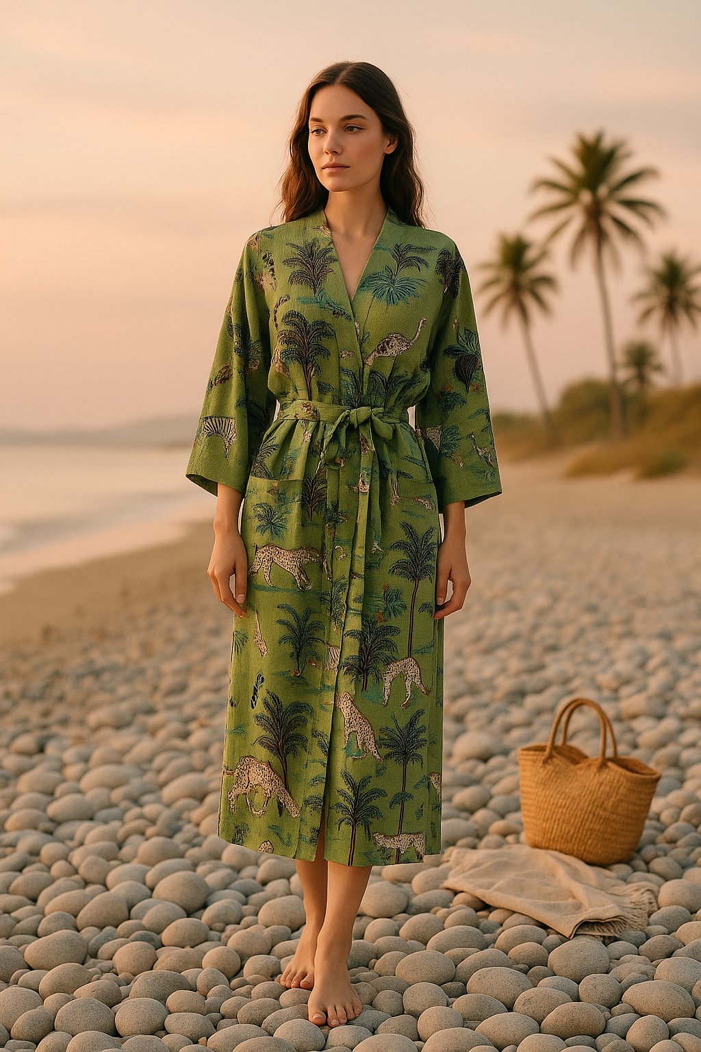 Close-up view of green cotton waffle fabric kimono robe texture
