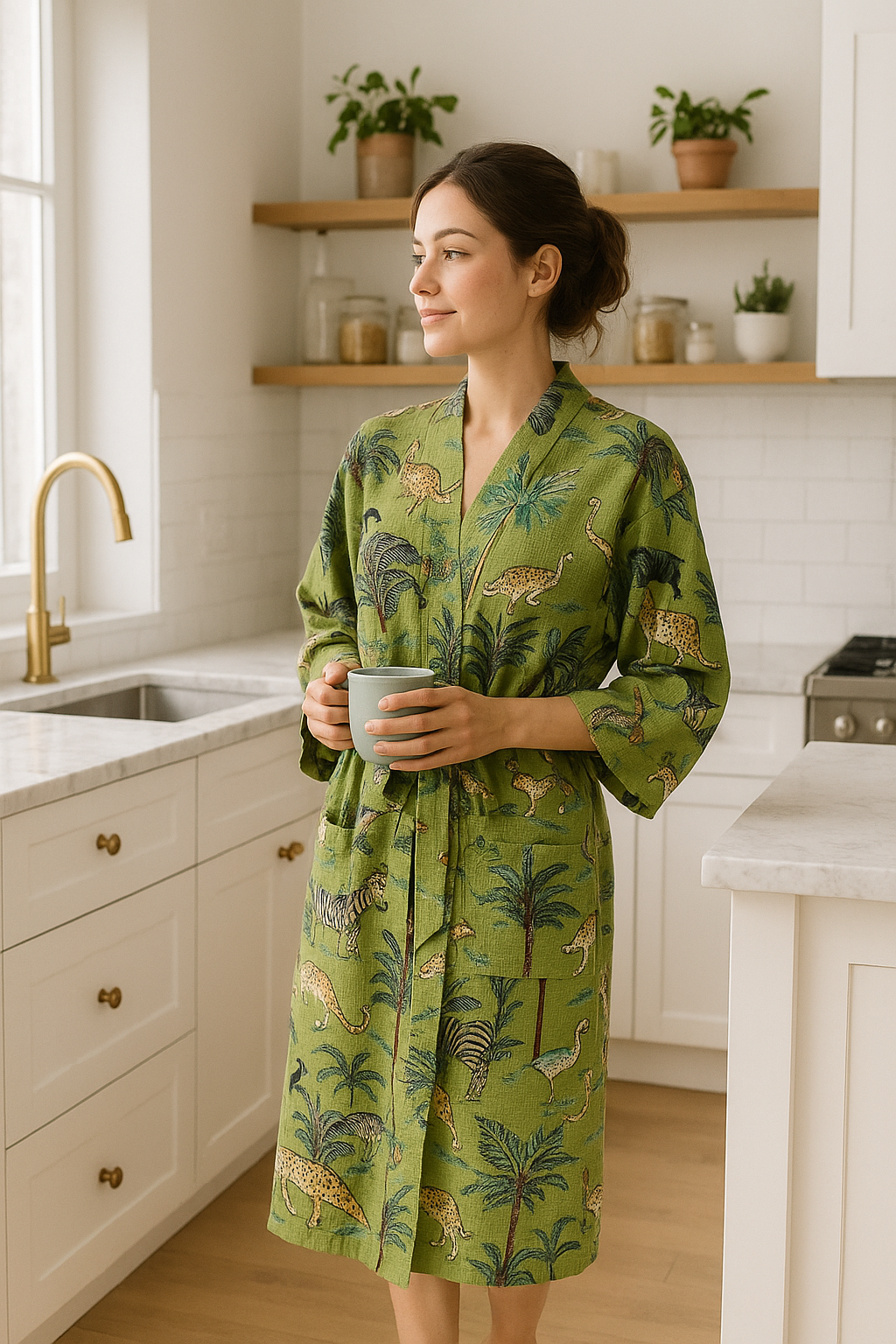 Women’s green safari waffle cotton kimono robe lightweight and breathable