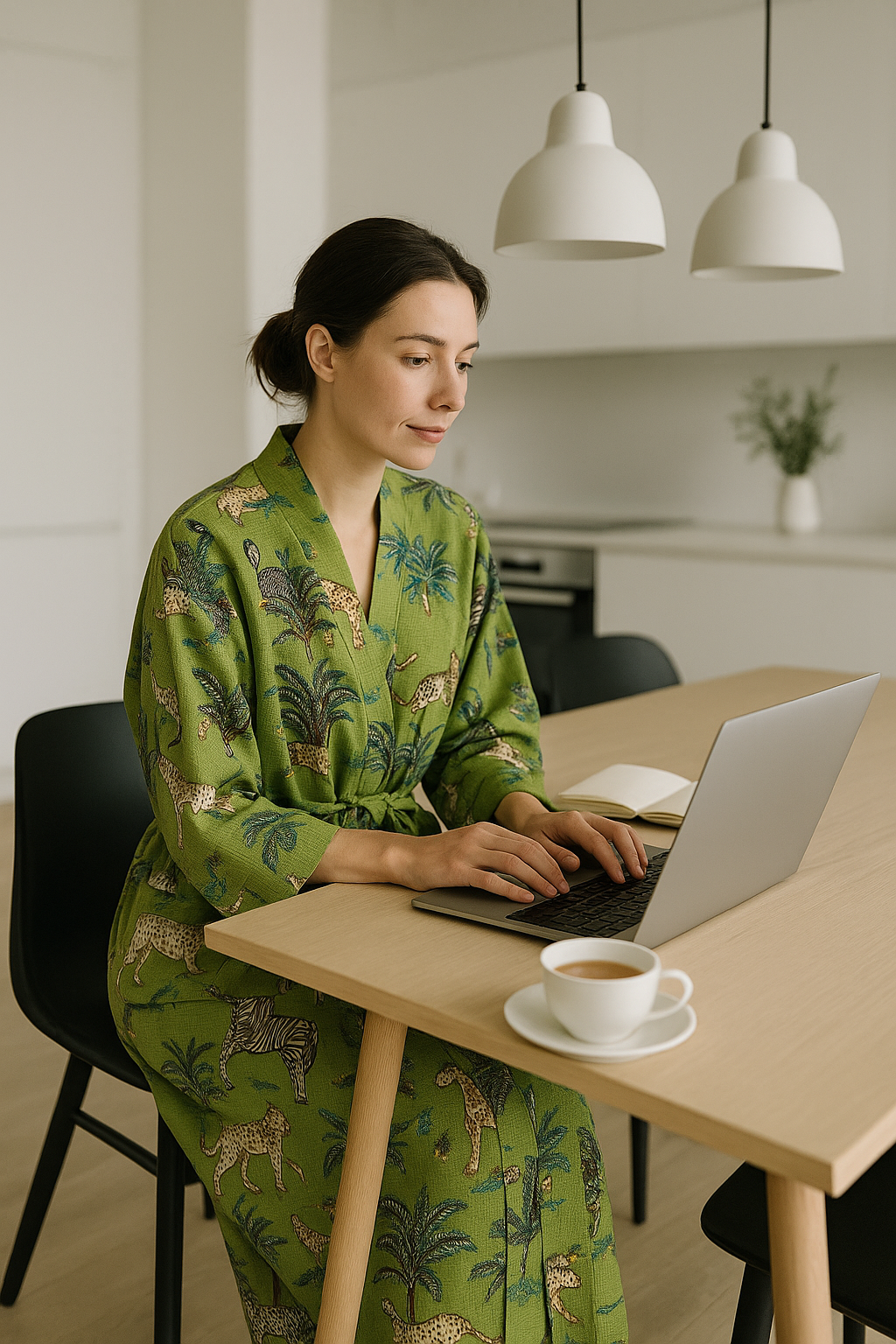 Soft green cotton waffle kimono robe shown in indoor lifestyle setting