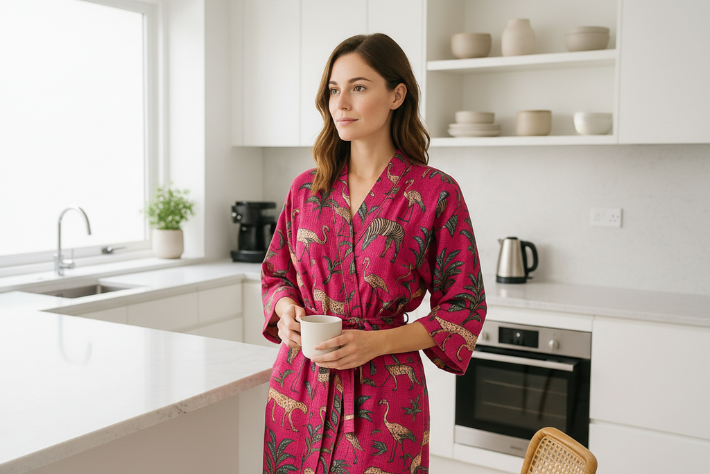 Pink safari cotton waffle kimono robe lightweight women’s dressing gown