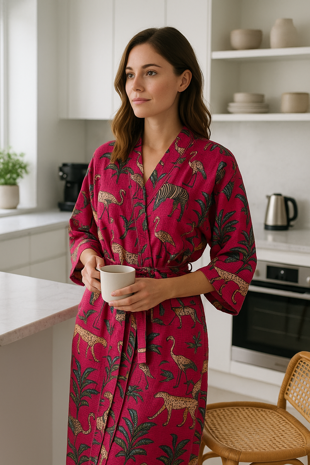 Soft pink cotton waffle kimono robe in modern loungewear style