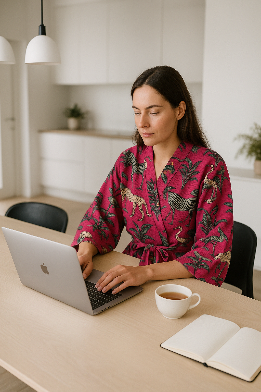 Woman wearing pink safari cotton waffle kimono robe for home lounging