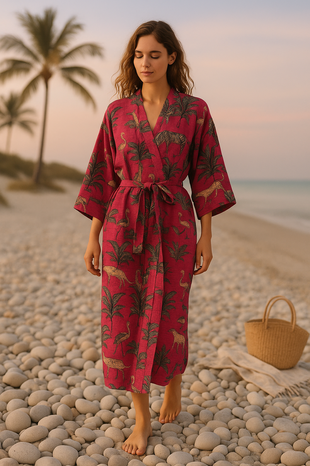 Textured pink cotton waffle fabric kimono robe close-up detail