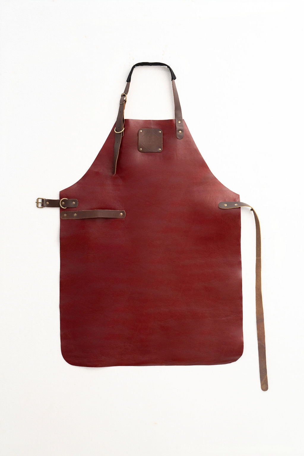 Full length red leather apron for woodworking and workshop use