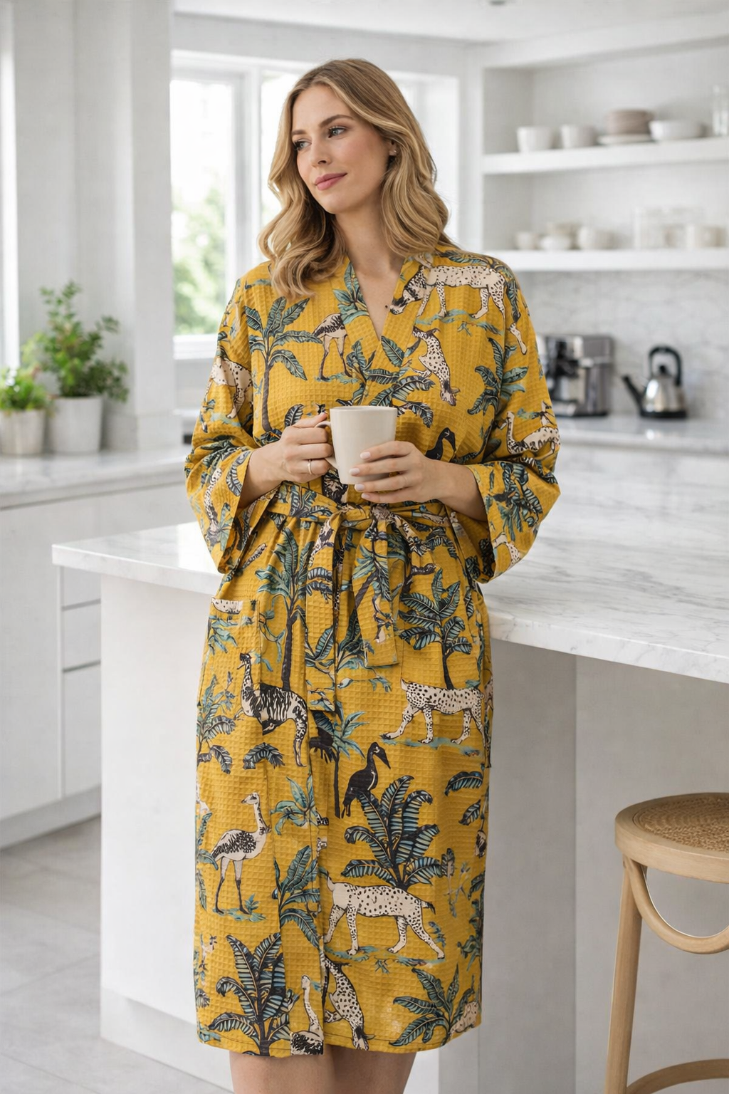 Mustard cotton waffle kimono robe lightweight safari gown
