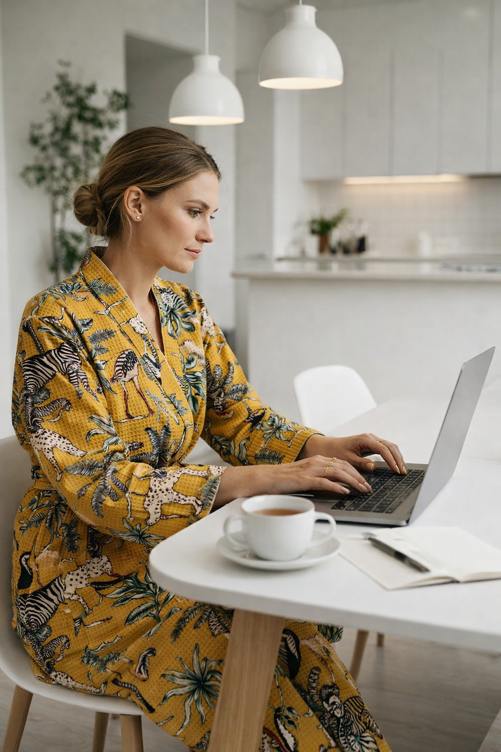 Woman wearing mustard cotton waffle kimono robe at home