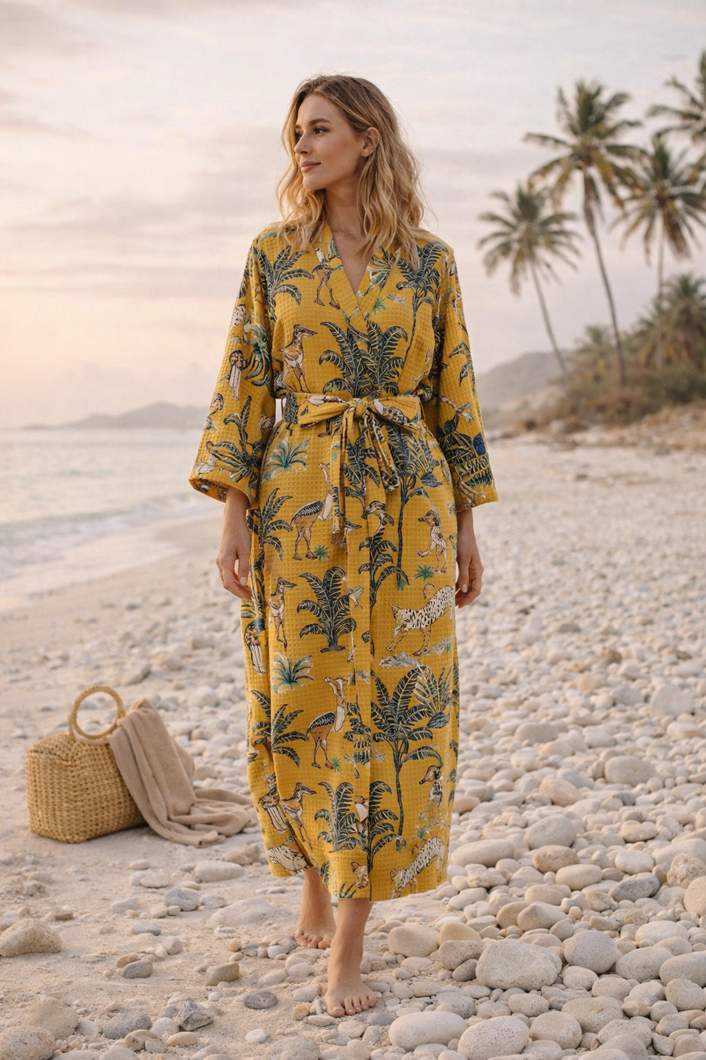 Textured mustard waffle cotton kimono robe fabric close-up
