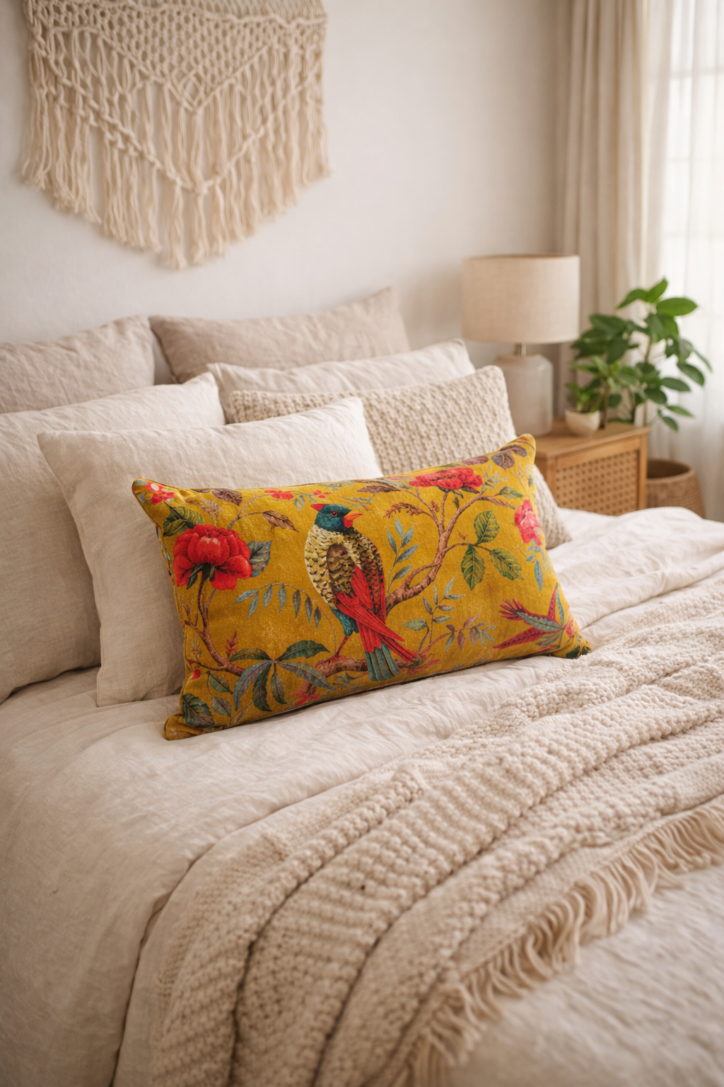 Elegant mustard bird cotton velvet lumbar cushion cover for sofa décor