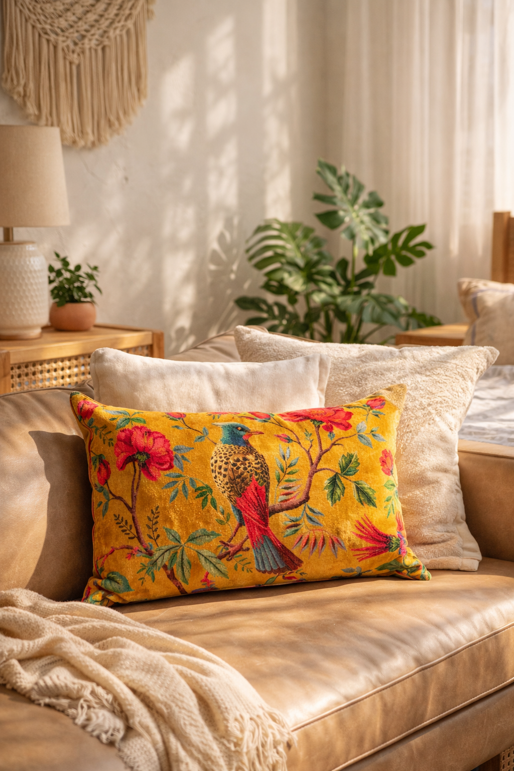 Stylish mustard bird cotton velvet cushion cover for modern home décor