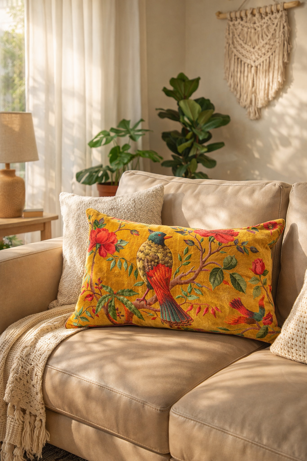 Decorative mustard bird velvet lumbar cushion cover for living room