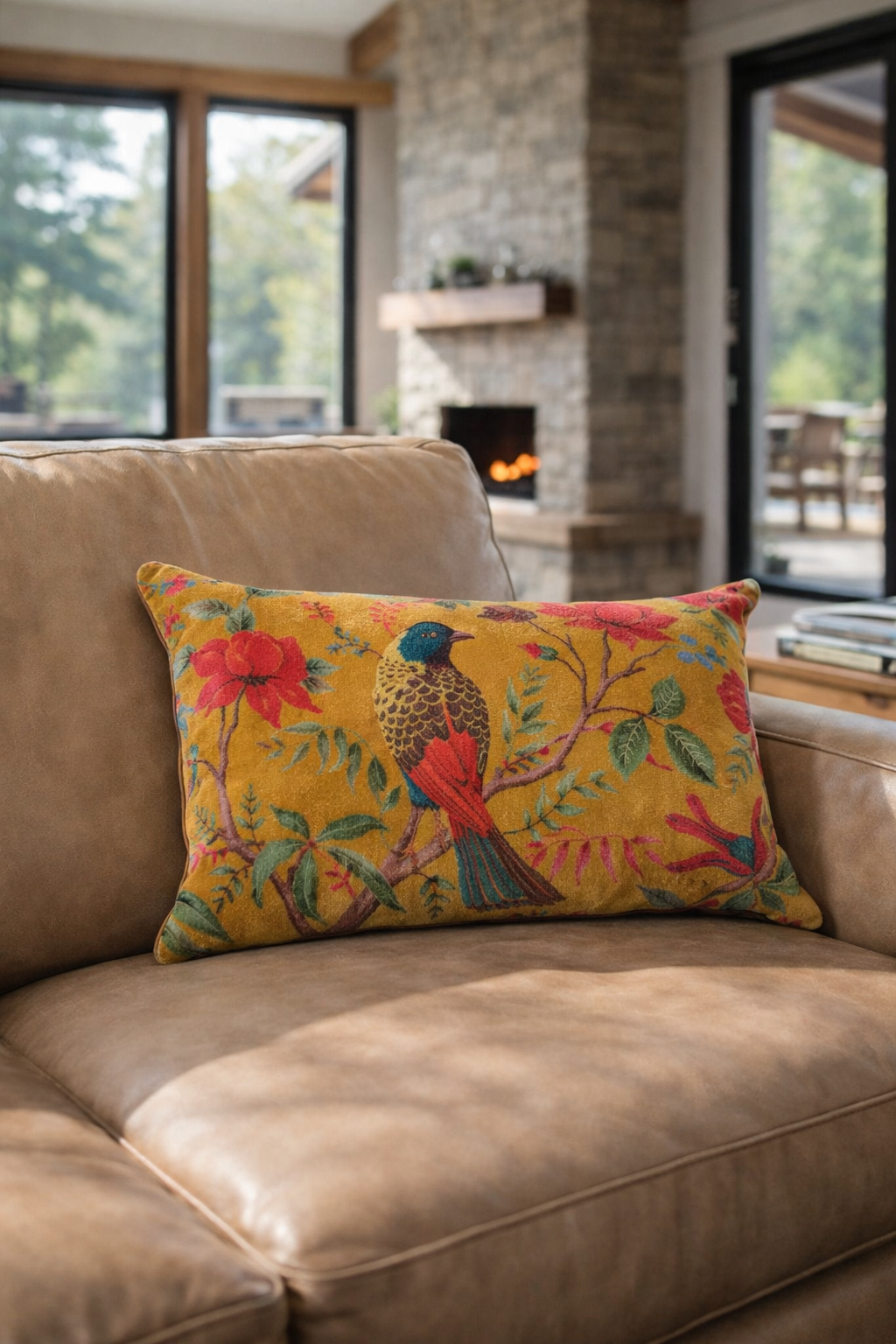 Premium mustard bird lumbar cotton velvet cushion cover by Glam Thread