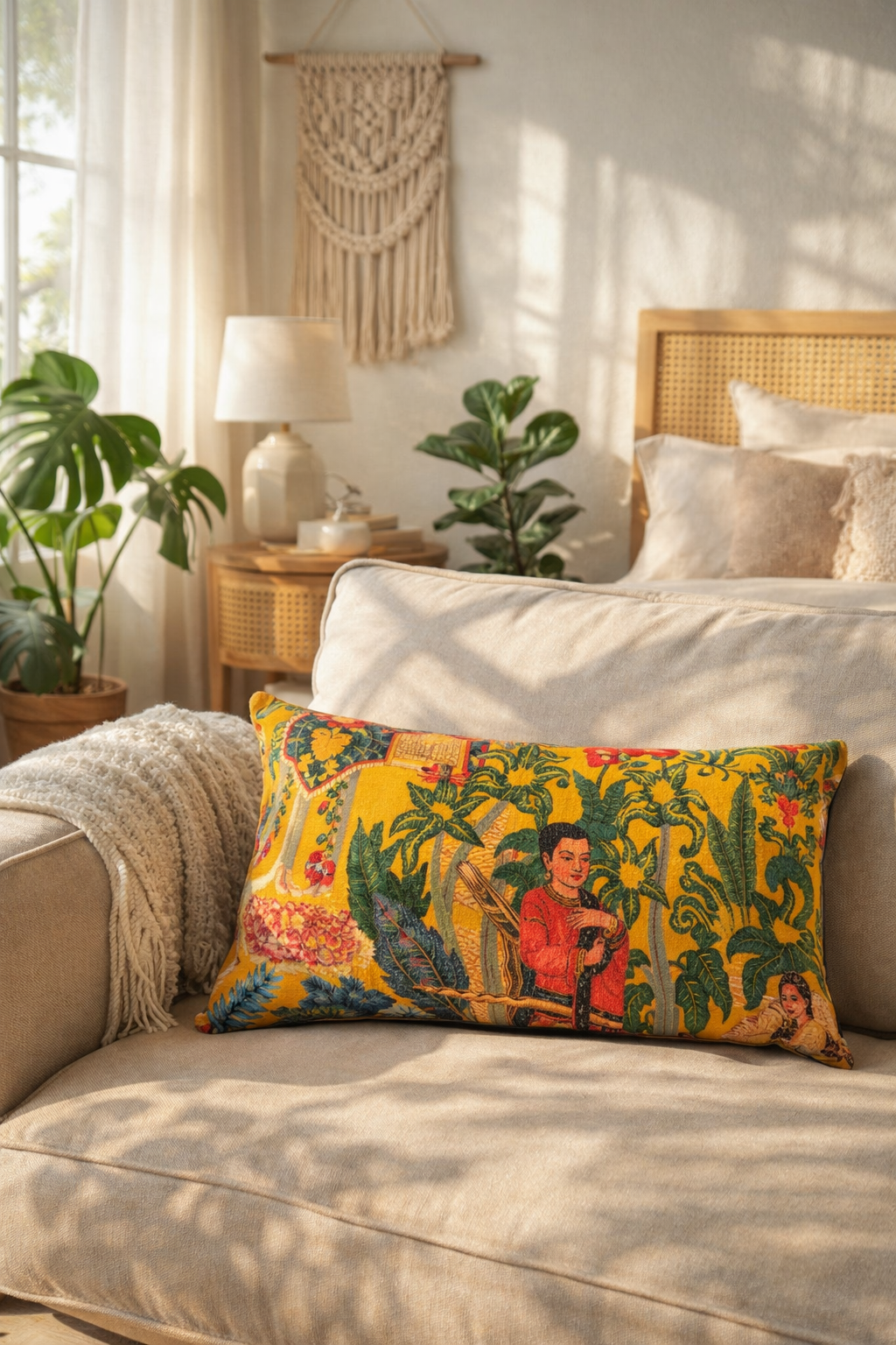 Decorative Tropical Frida mustard cotton velvet cushion cover 30x50cm