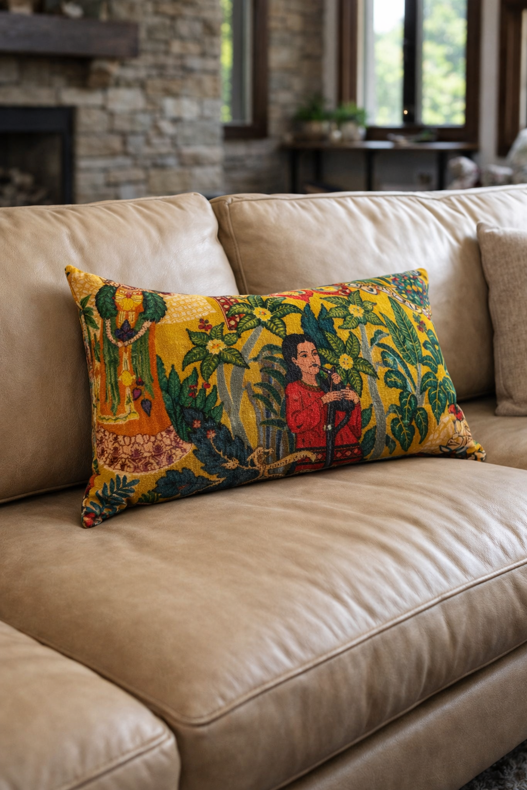 Stylish Tropical Frida mustard lumbar cushion cover by Glam Thread
