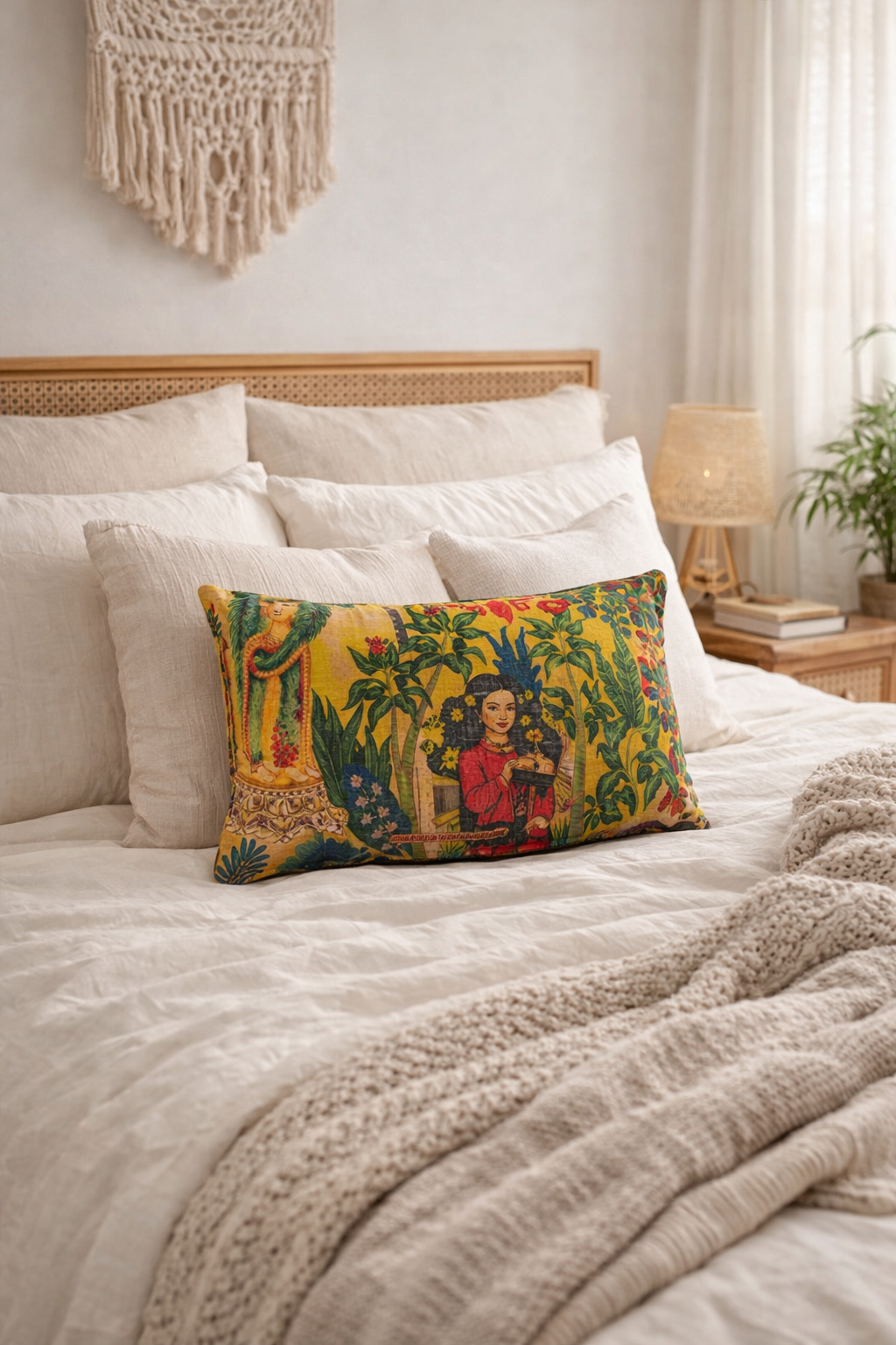 Mustard Tropical Frida cotton velvet lumbar cushion cover for sofa décor
