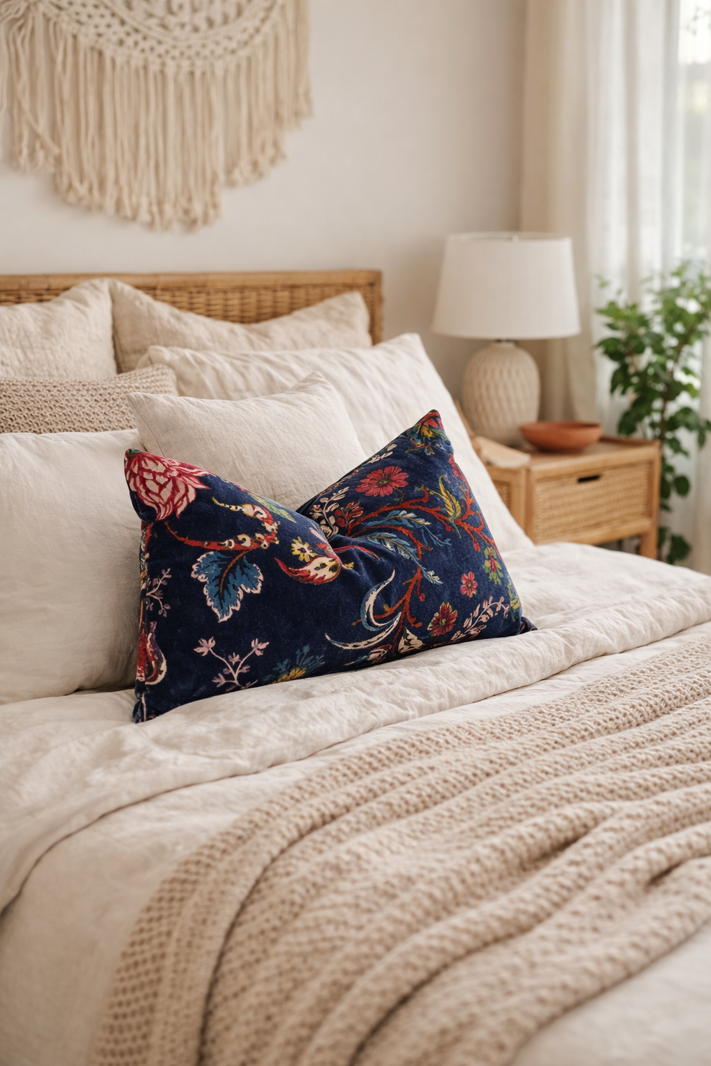 Luxury navy floral velvet lumbar cushion cover for sofa and bed
