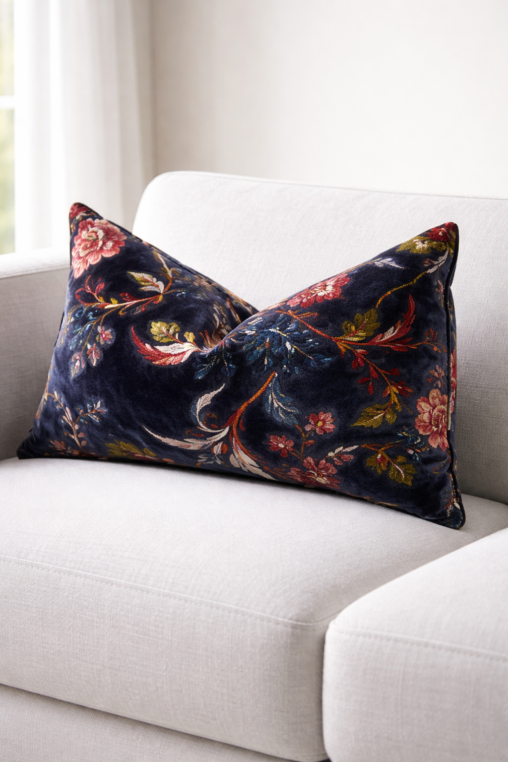 Navy floral cotton velvet lumbar cushion cover 30x50cm by Glam Thread