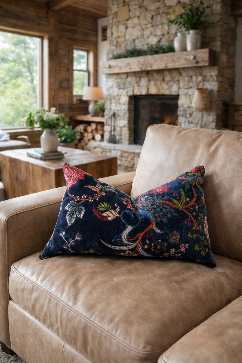 Close-up of navy floral cotton velvet cushion cover fabric texture