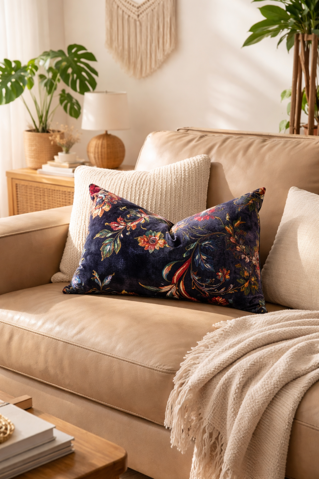 Decorative navy floral lumbar cushion cover styled on modern sofa