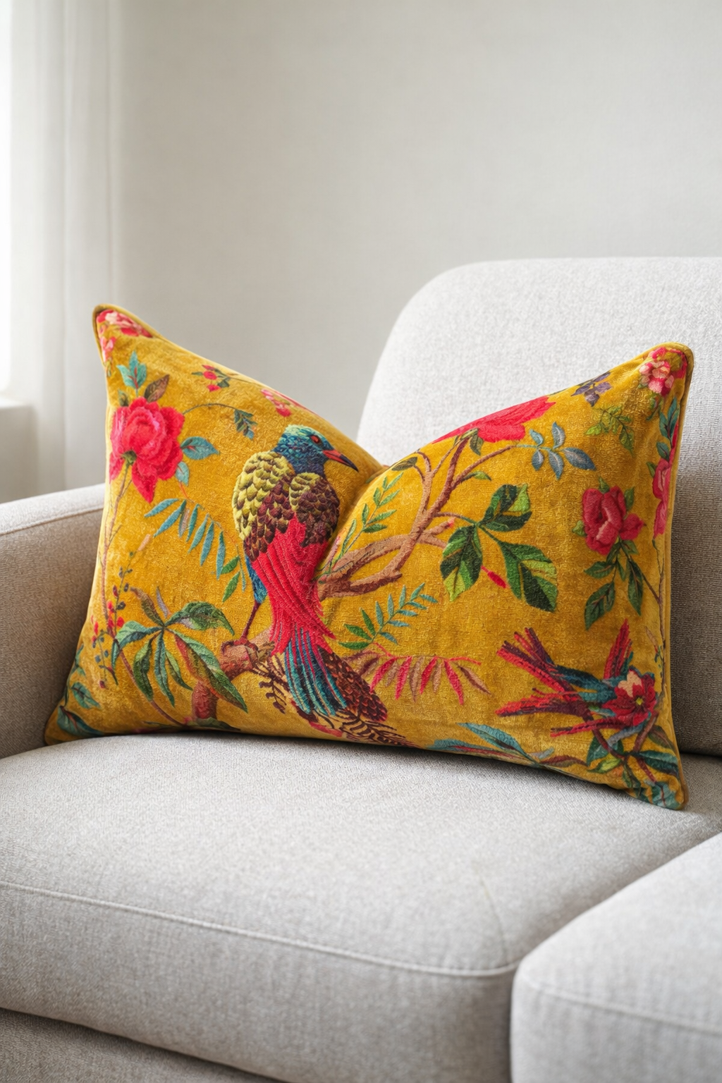 Mustard bird lumbar cushion cover in cotton velvet 30x50cm