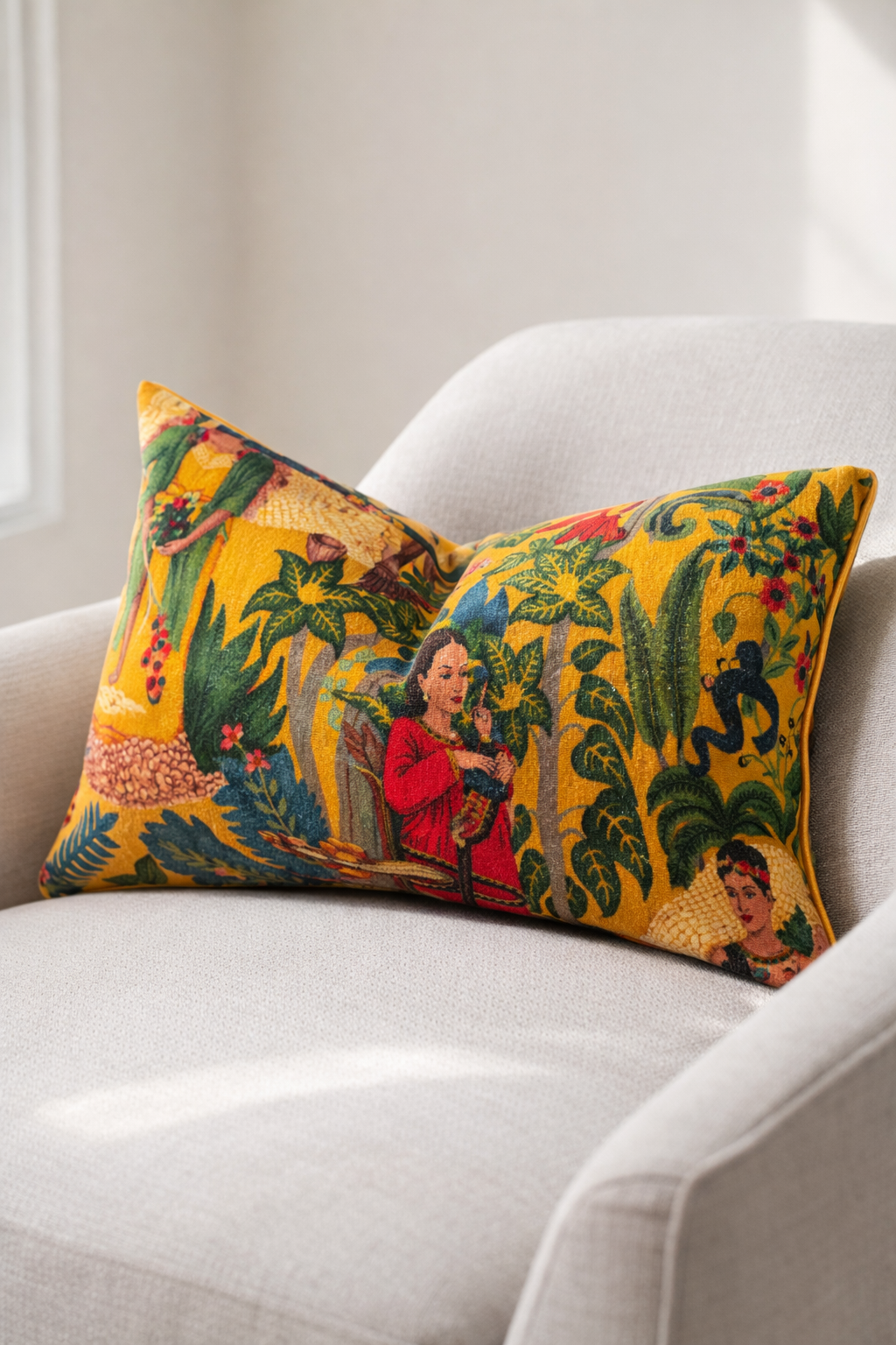Artistic Tropical Frida mustard velvet lumbar cushion cover for living room