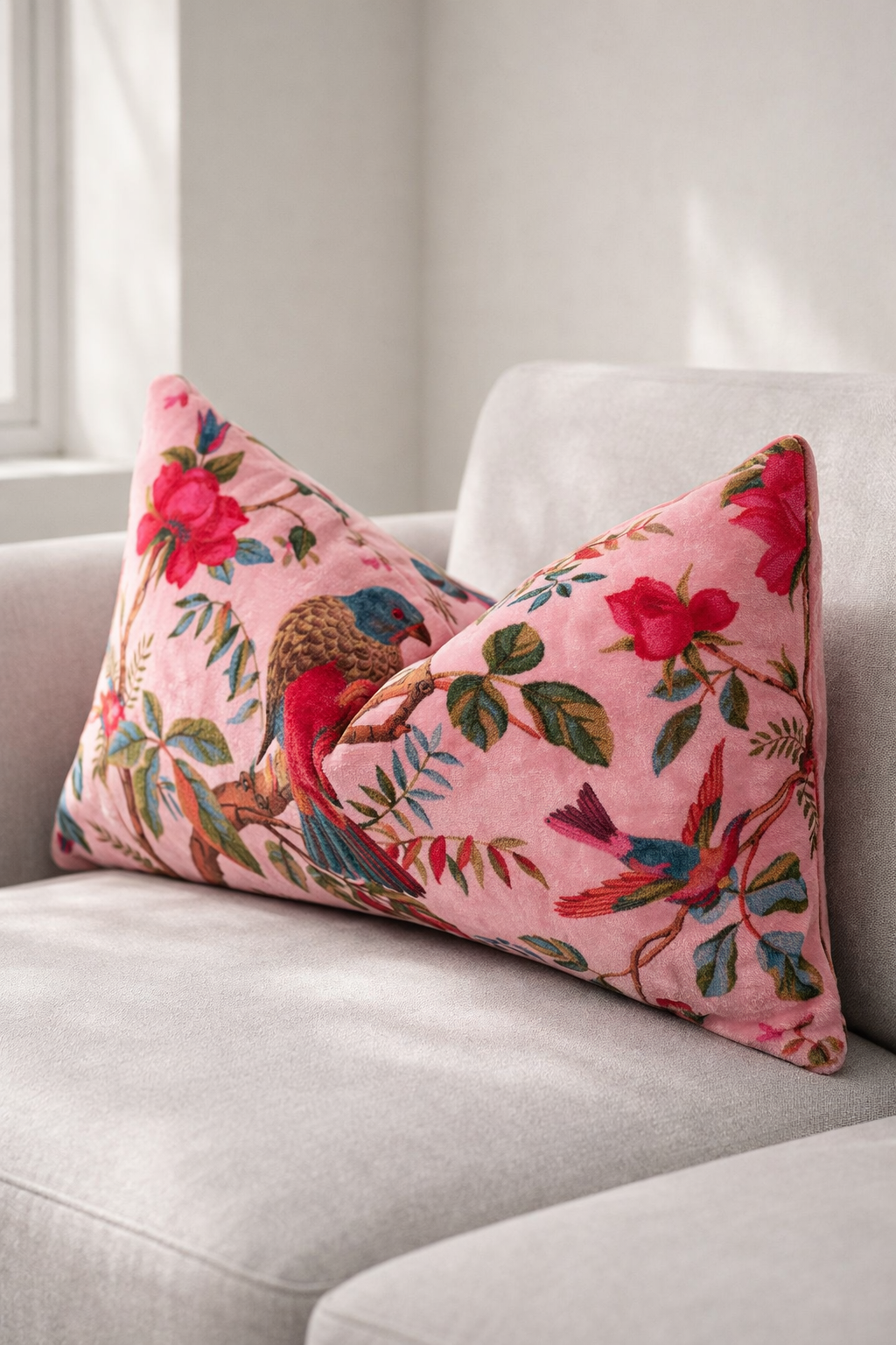 Pink bird and floral lumbar cushion cover in cotton velvet 30x50cm