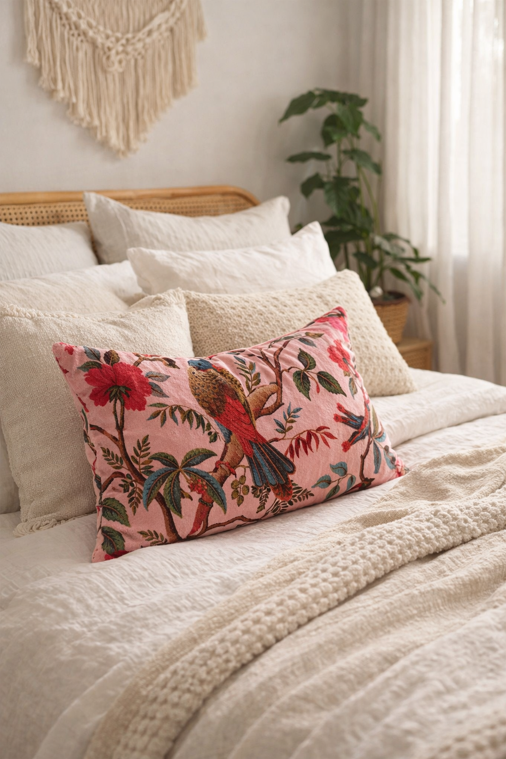 Elegant pink bird floral cotton velvet lumbar cushion cover for sofa decor