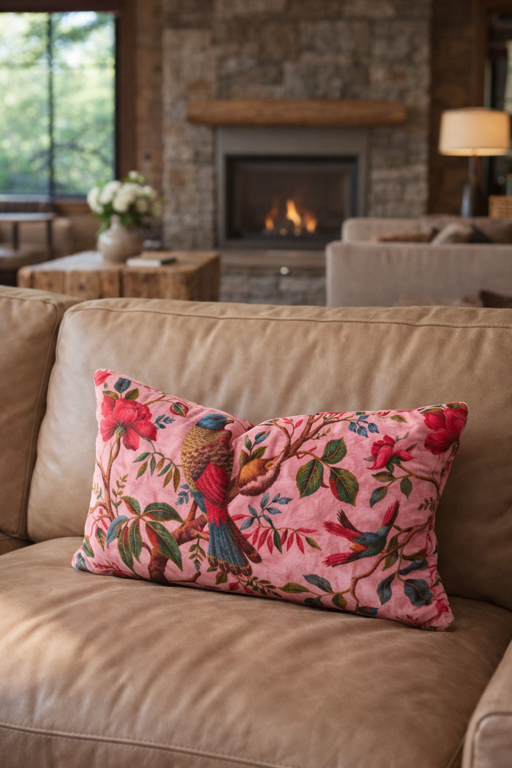 Decorative pink bird and floral velvet lumbar cushion cover for living room