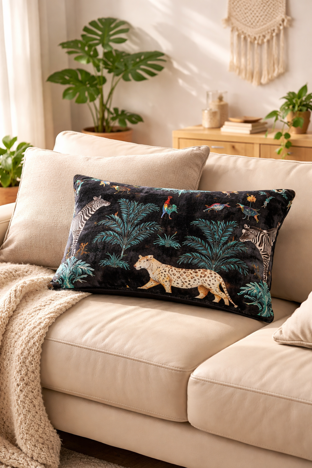 Stylish black safari jungle cotton velvet cushion cover for modern home decor