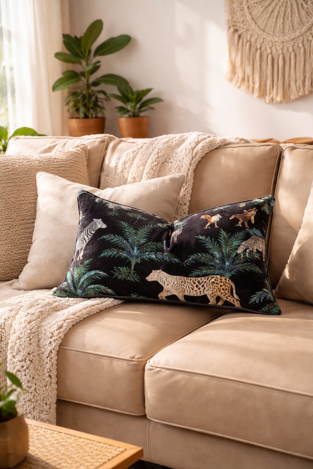Decorative black safari jungle velvet lumbar cushion cover for living room