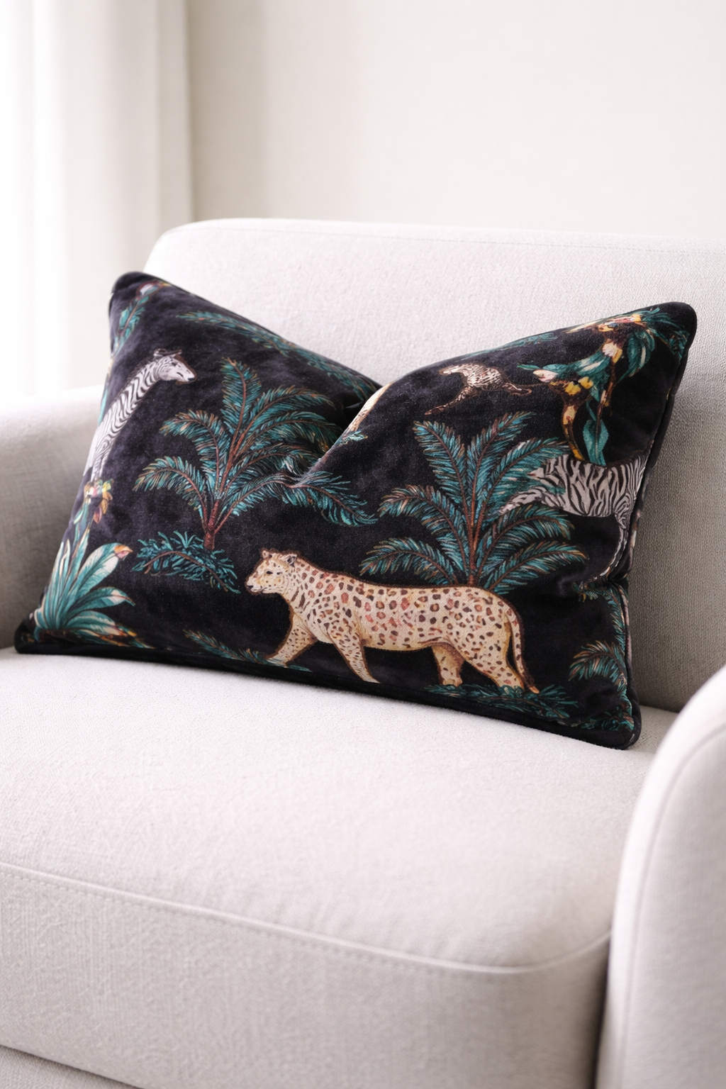 Black safari jungle lumbar cushion cover in cotton velvet 30x50cm