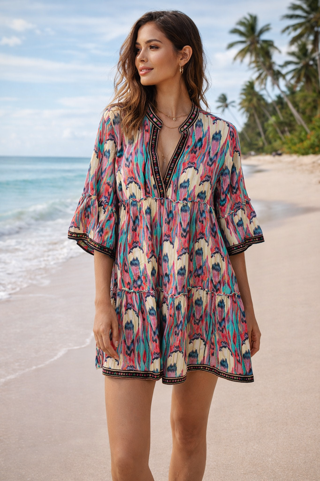 Sunset Mirage cotton mini dress with boho Ikat pattern in jewel tones