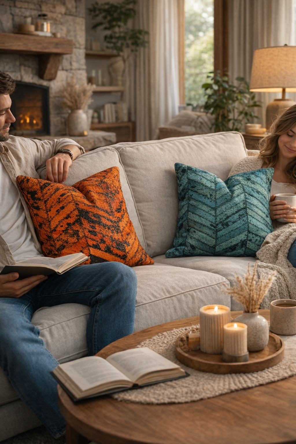 Modern glam cowhide cushion covers in teal and rust orange chevron for sofa styling