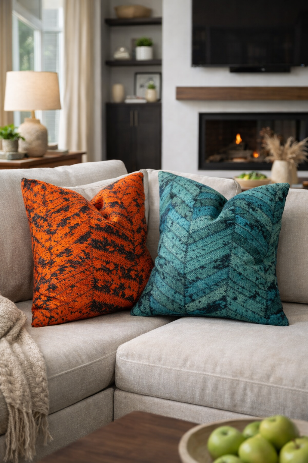Teal and rust orange chevron cowhide cushion covers set of two for modern glam living room
