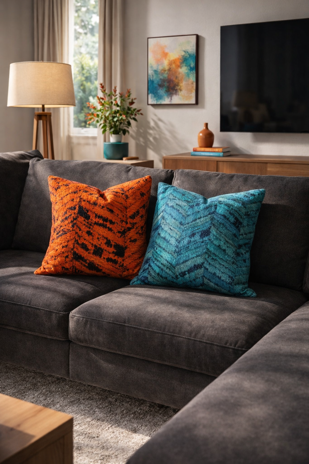 Decorative glam cowhide throw pillow covers set of 2 in teal and rust chevron