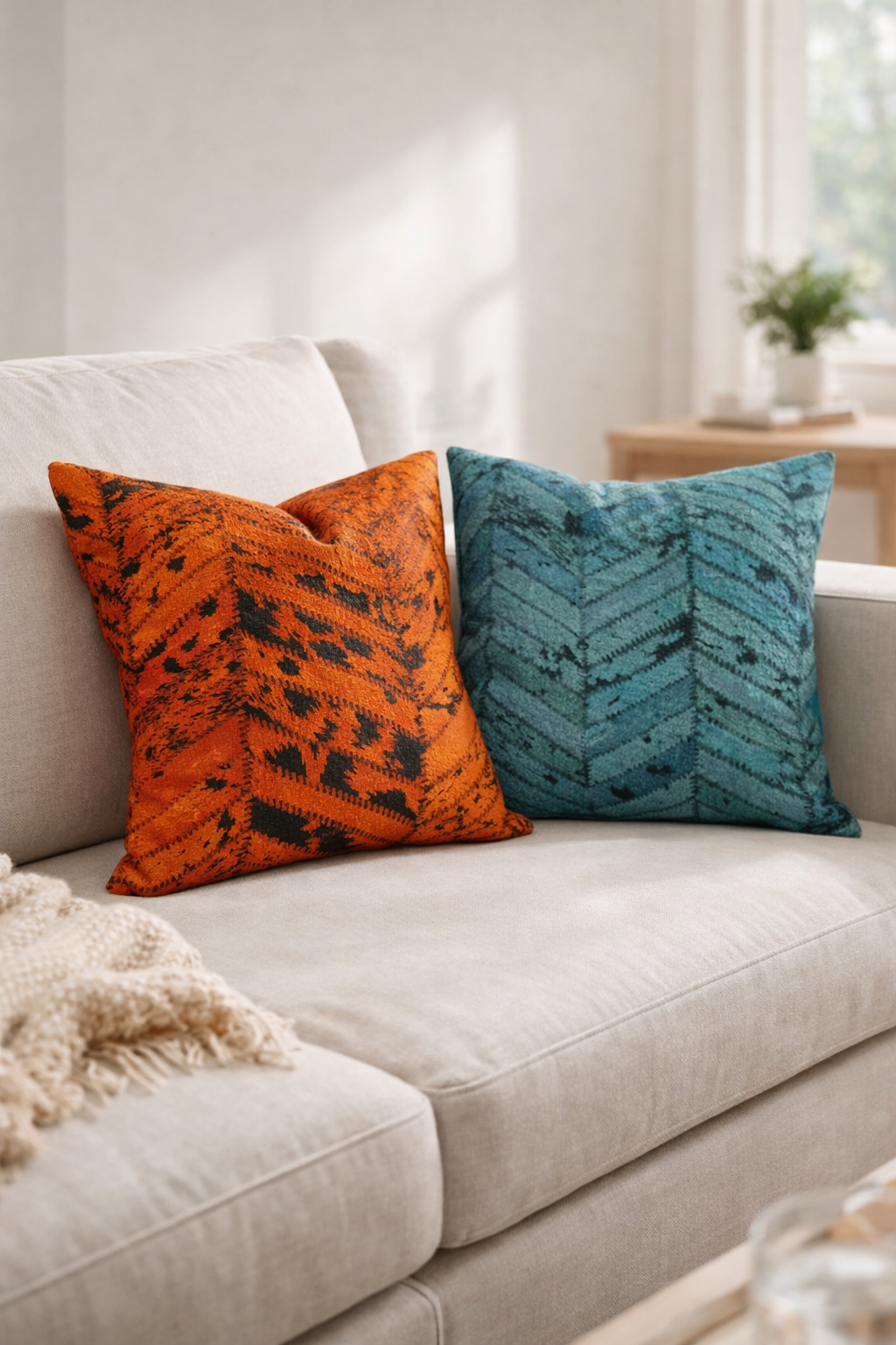Glam cowhide cushion covers set of 2 in teal and rust orange chevron design 40x40cm