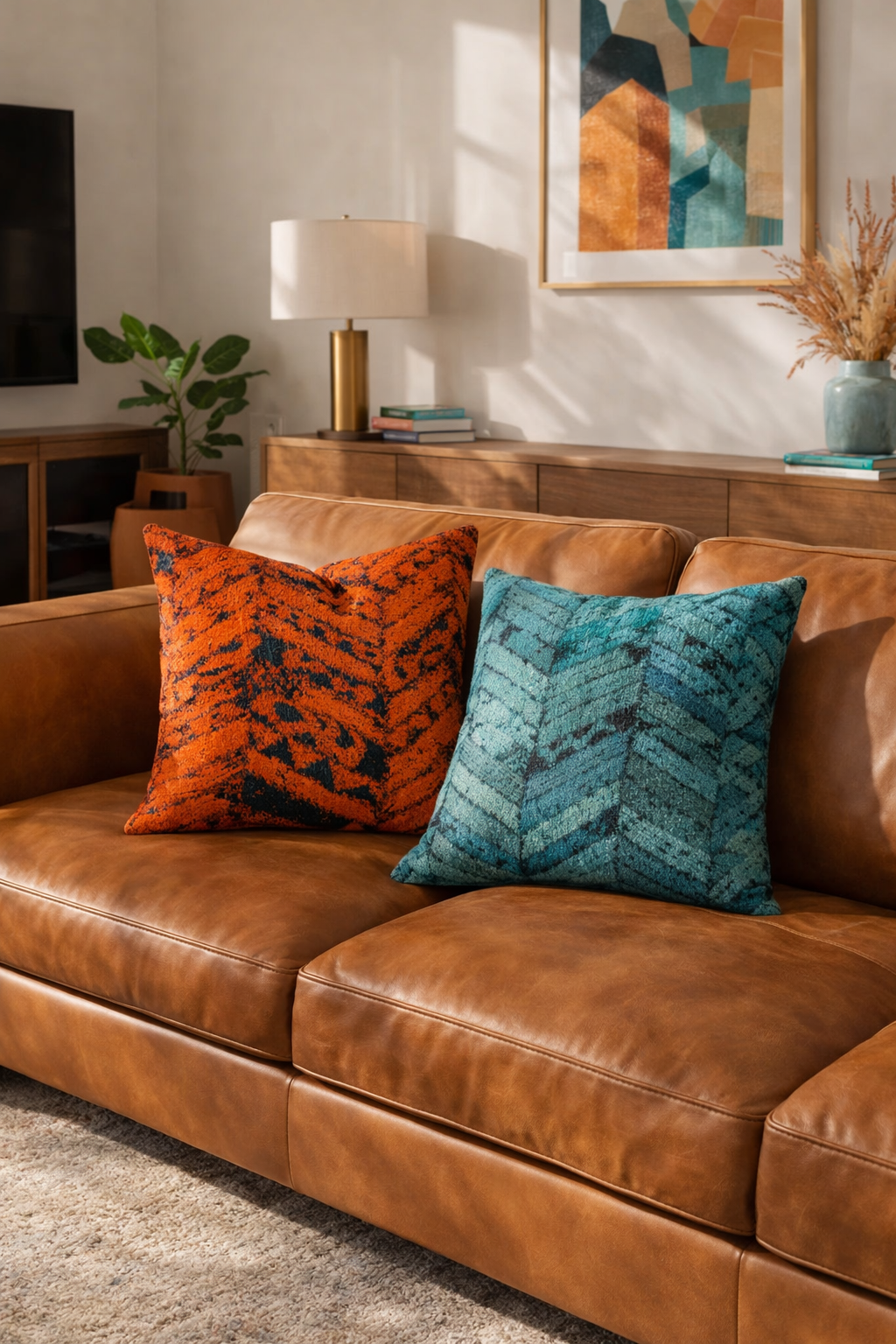 Luxury cowhide leather cushion covers with teal and rust chevron pattern for glam decor