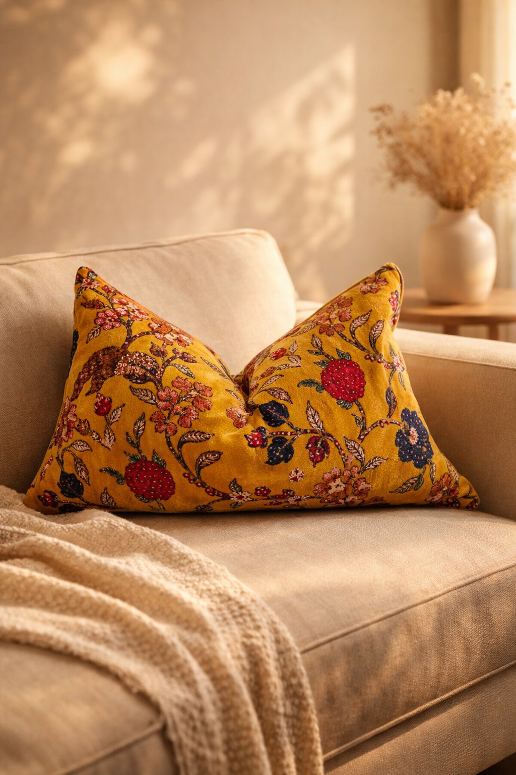 Mustard vintage floral velvet lumbar cushion cover 50x30cm for glam home decor