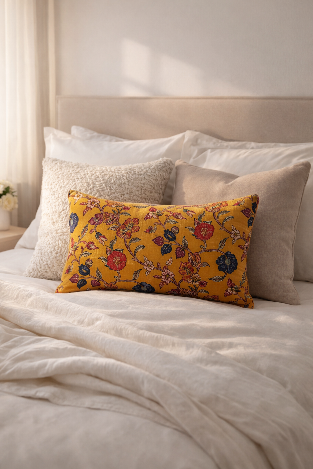 Glam Thread mustard velvet floral cushion cover 50x30cm accent for interiors