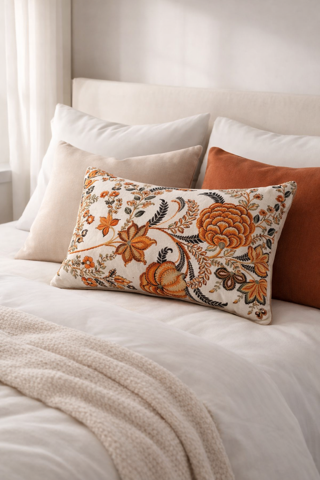 Rust velvet lumbar cushion cover 50x30cm with botanical floral design for cozy spaces