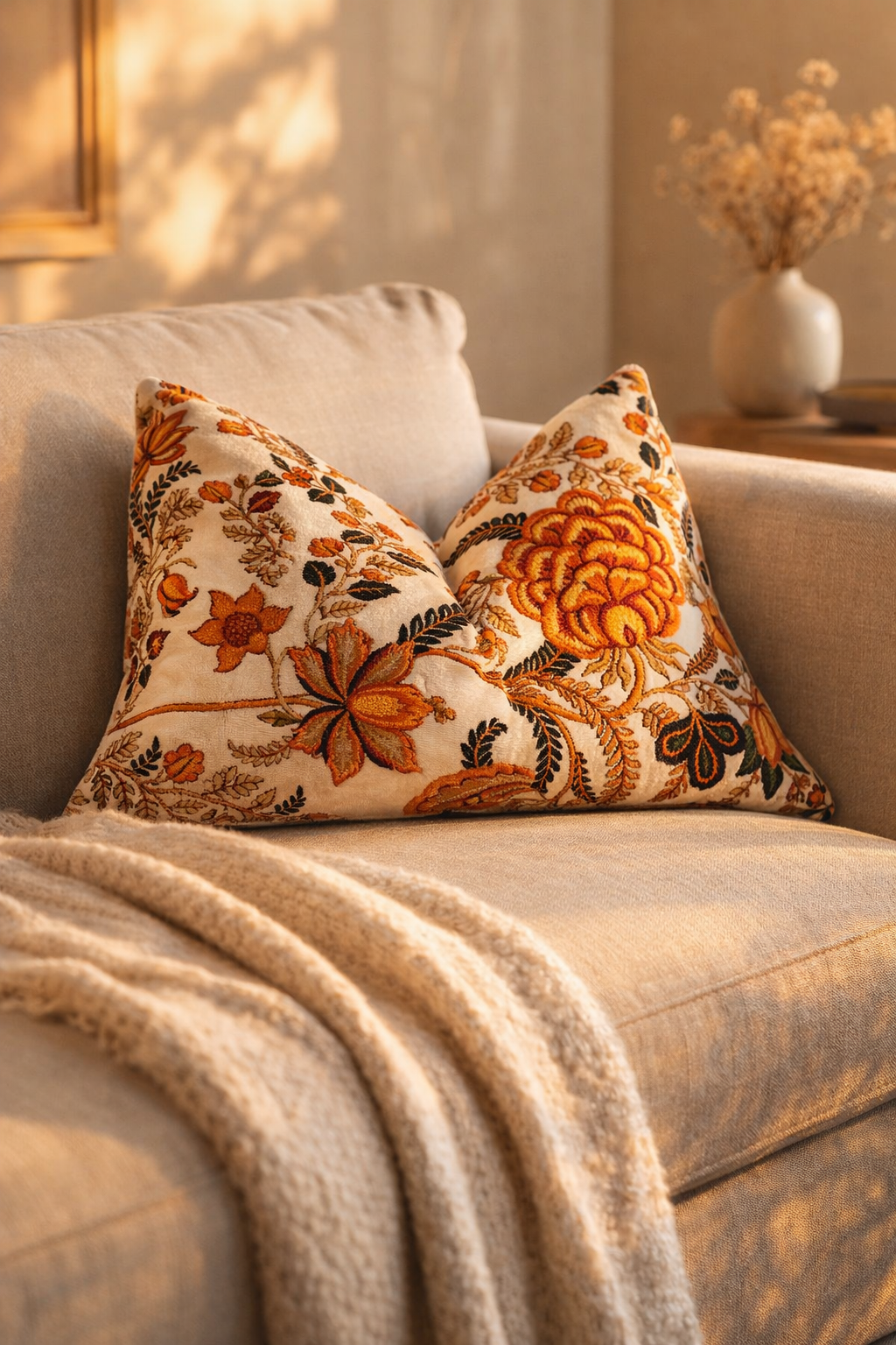 Vintage botanical floral rust velvet lumbar cushion cover 50x30cm accent for interiors