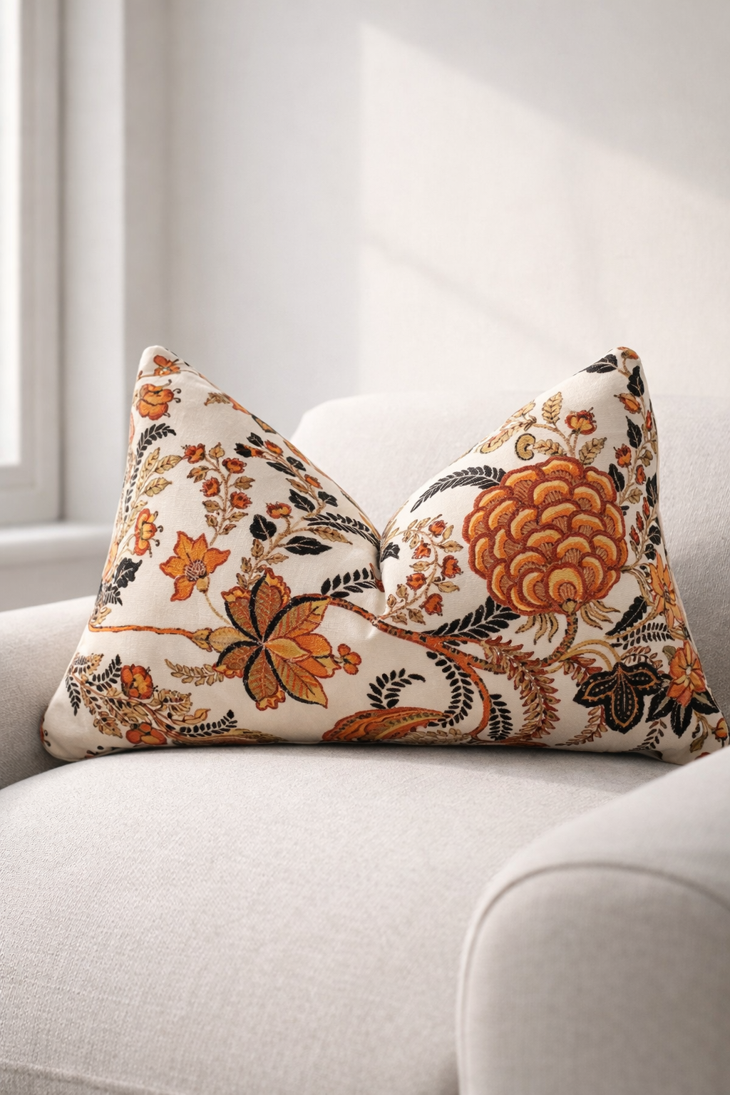 Rust floral velvet lumbar cushion cover 50x30cm with vintage botanical design for glam decor