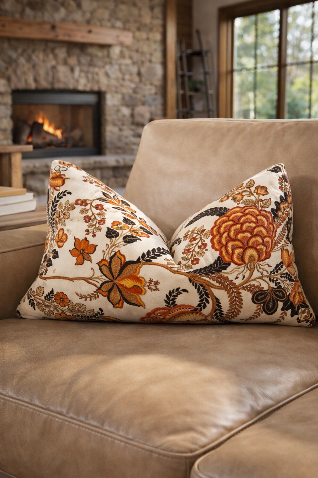 Soft rust velvet cushion cover with botanical floral print rectangular 50x30cm