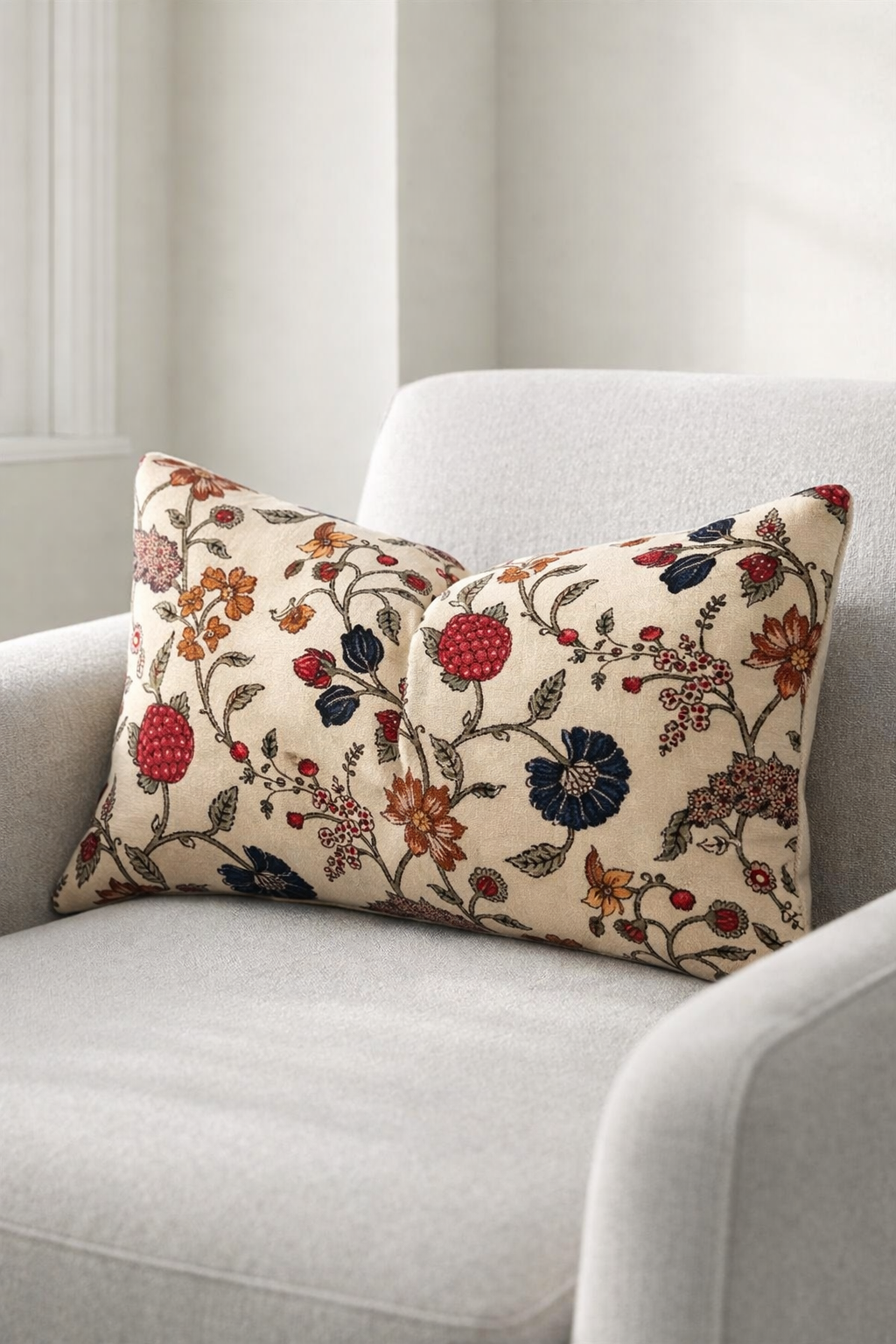 Soft beige velvet cushion cover with vintage floral design rectangular 50x30cm