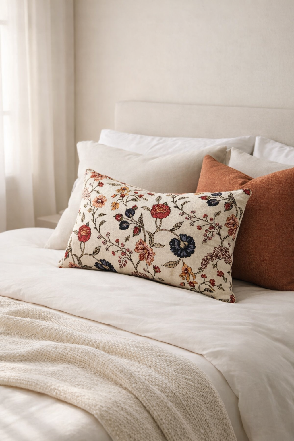 Glam Thread beige velvet floral lumbar pillow cover 50x30cm for sofa and bed
