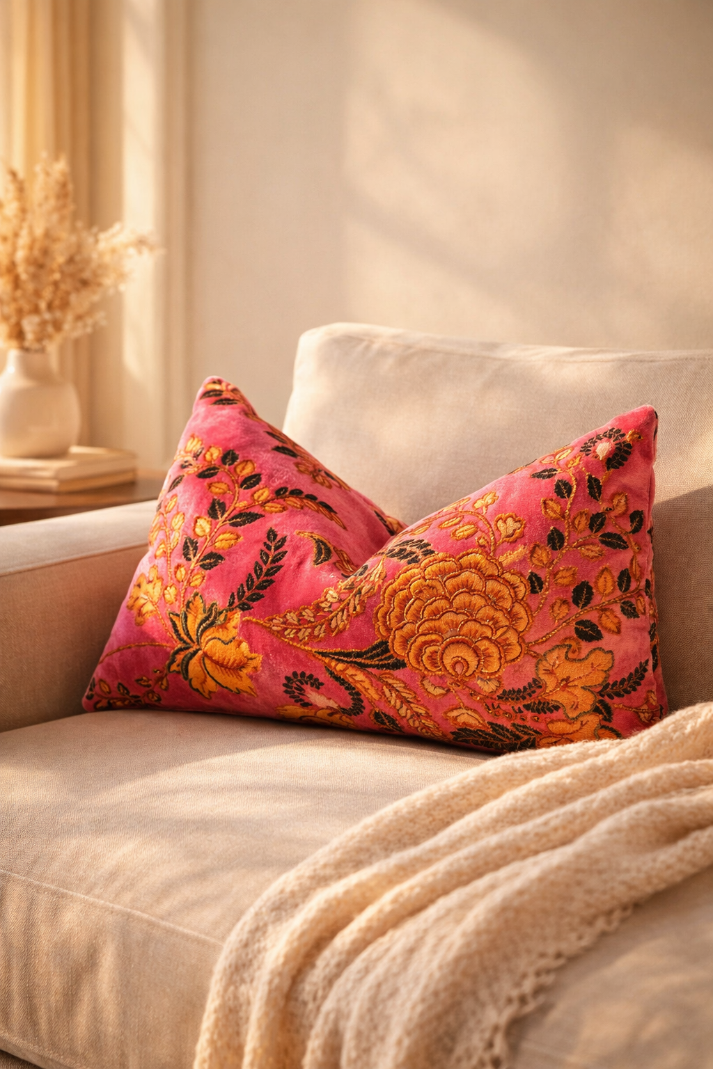 Soft pink velvet cushion cover with vintage floral design rectangular 50x30cm