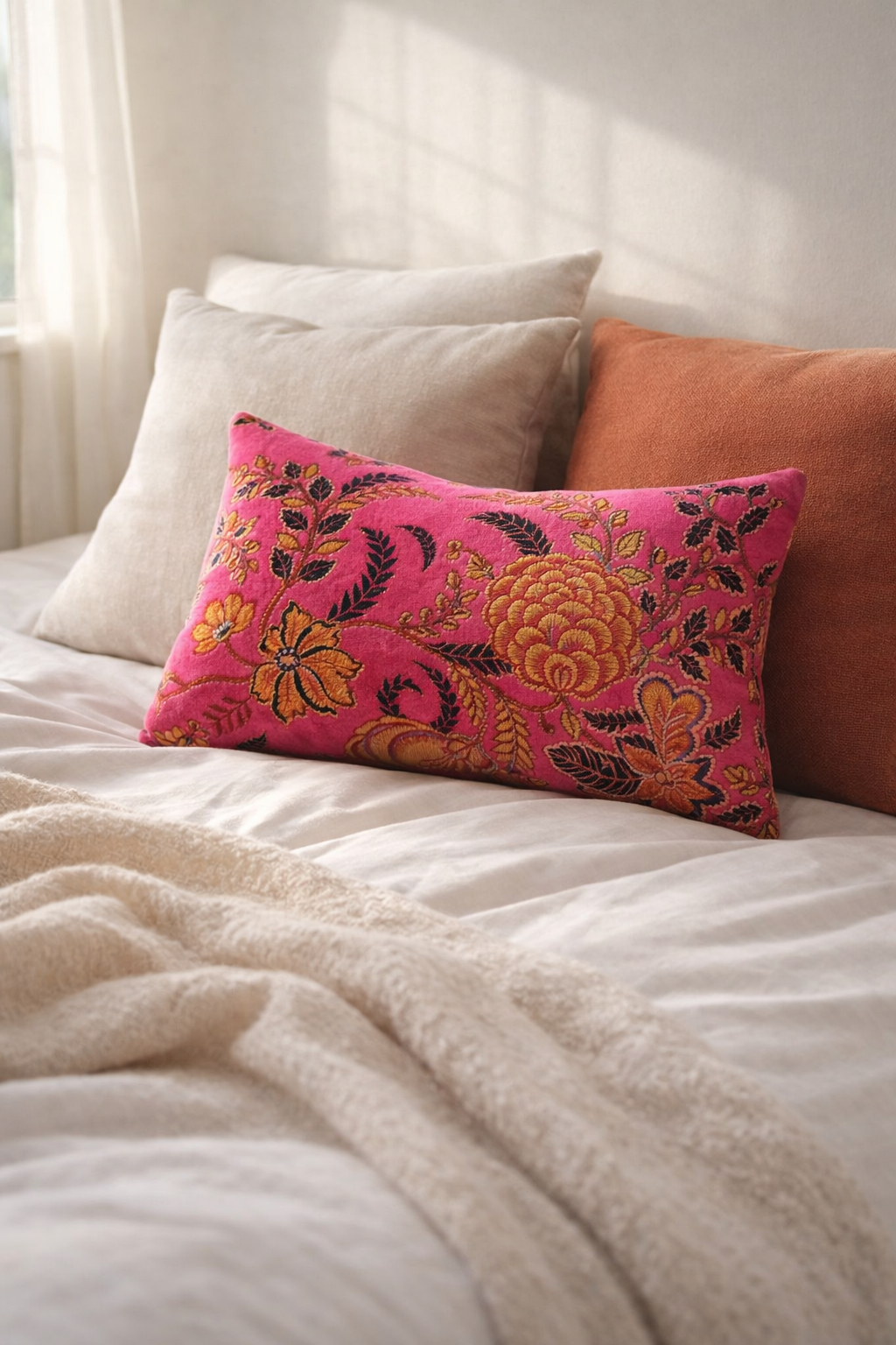 Vintage floral pink velvet lumbar cushion cover 50x30cm accent for interiors